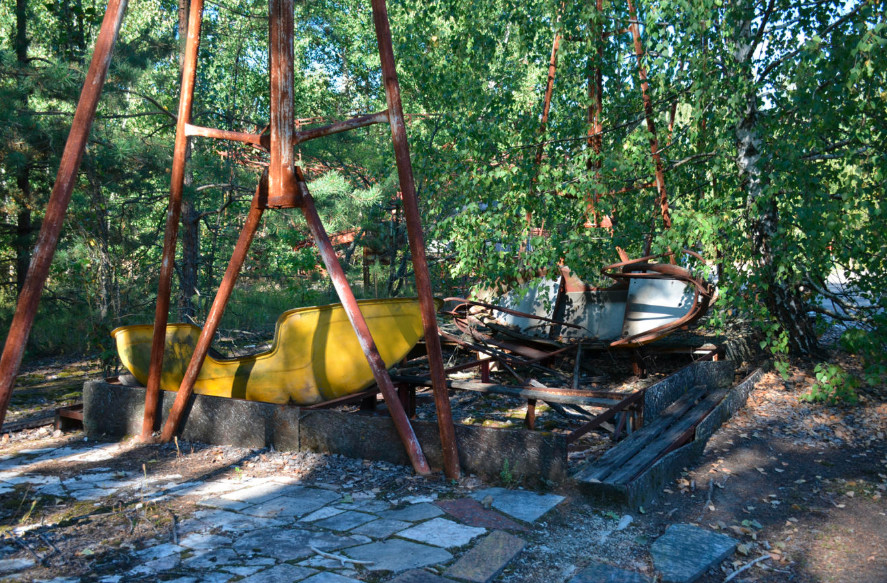 Decaying swing boats ride at Pripyat amusement park
