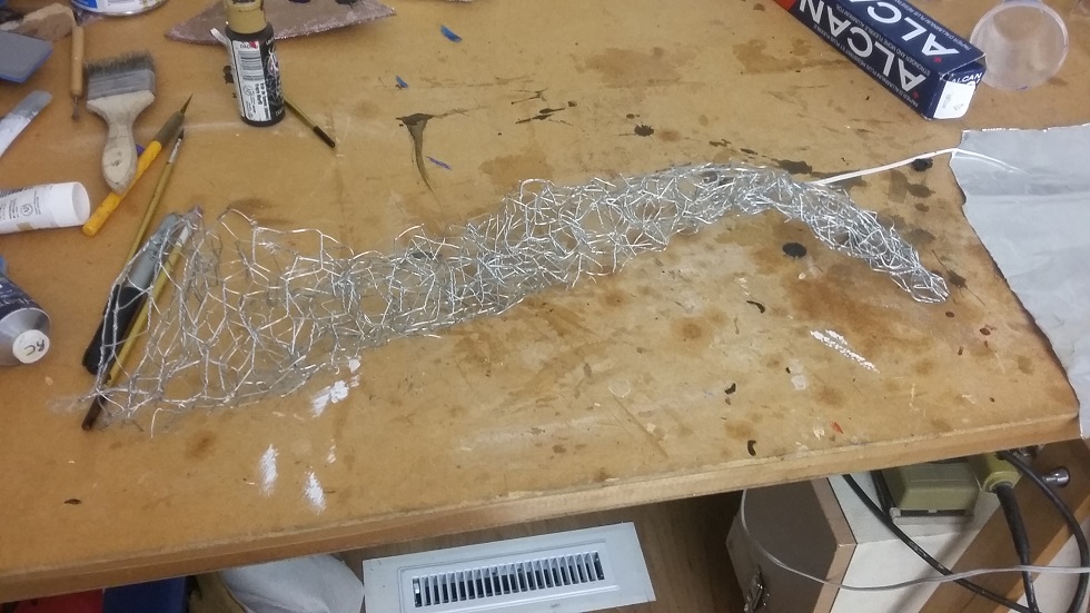Chicken wire model of a dragon horn