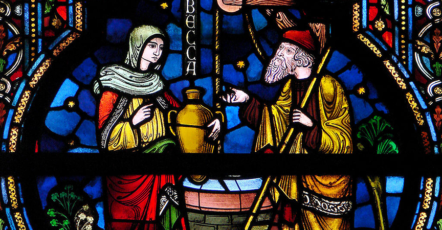 Stained glass window at the Collégiale Notre-Dame de Dinant depicting the biblical story of Rebecca at the well. By Vassil [CC0], from Wikimedia Commons