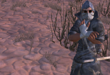 A kenshi character in a long coat making an absurd hand gesture.