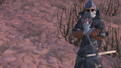 A kenshi character in a long coat making an absurd hand gesture.