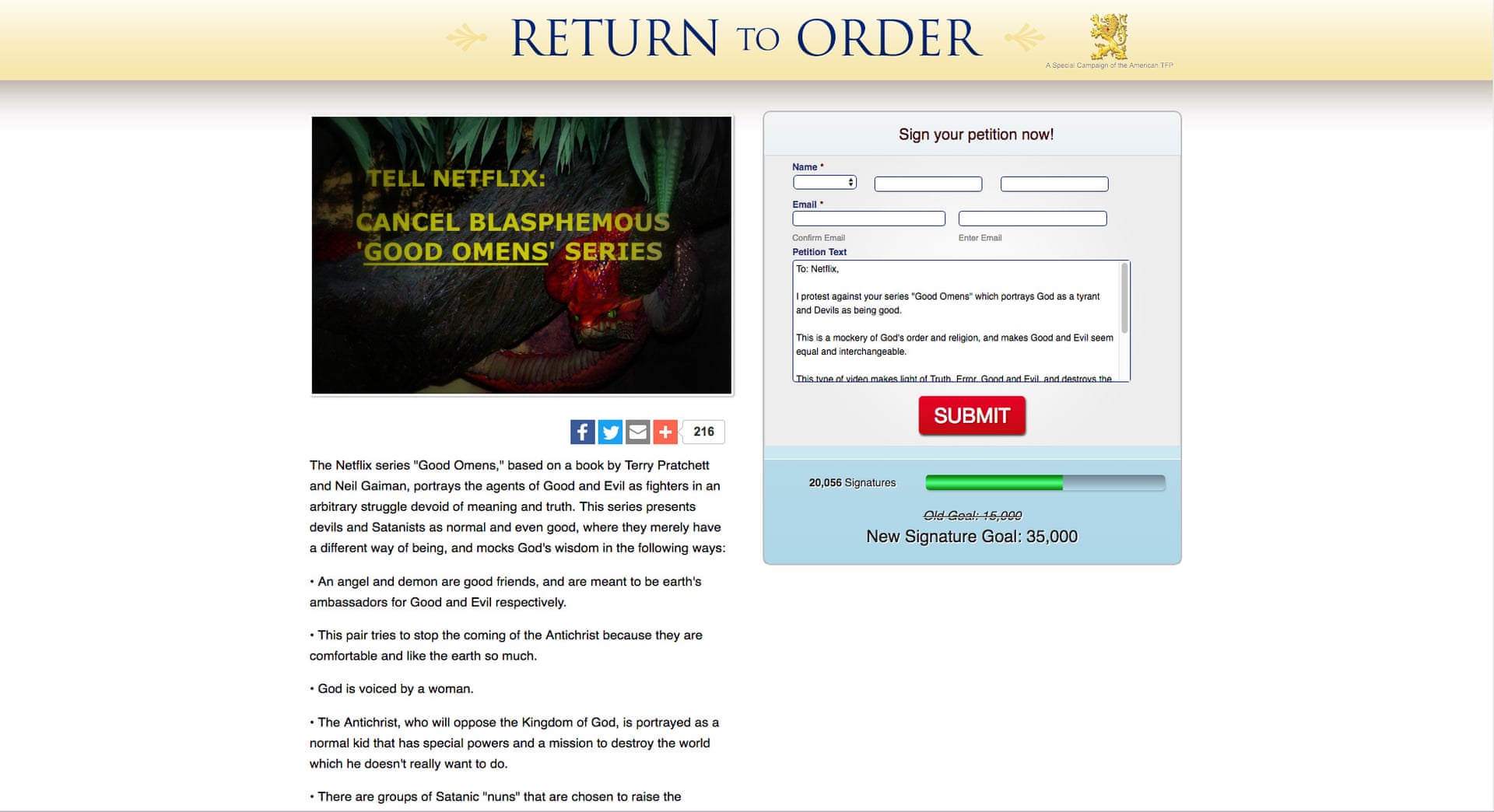 image of a petition to cancel Good Omens from return to order
